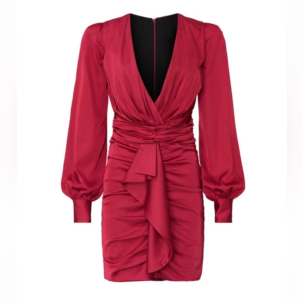 PatBO Ruched Bodycon Long Sleeve Mini Dress Ruffle Sheath Red Pink V-Neck size 6